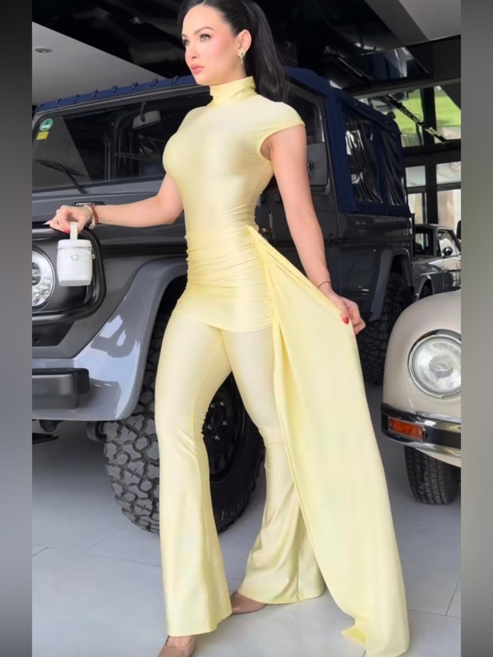 High-Neck Women's Jumpsuit with Draped Side Panel YELLOW